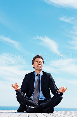 Buy stock photo Meditation, thinking and business man on blue sky for relaxing, positive mindset and solution. Corporate person, professional and worker outdoors in yoga pose for wellness in career, work and job
