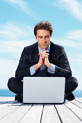 Buy stock photo Laptop, thinking and business man by blue sky for working online, reading website and planning. Corporate, remote work and worker on computer brainstorming ideas for project, networking and research