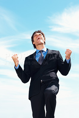 Buy stock photo Business man, fist pump and shout for success, celebration and excited for achievement or victory. Happy businessperson, promotion and bonus or salary increase, opportunity and blue sky background