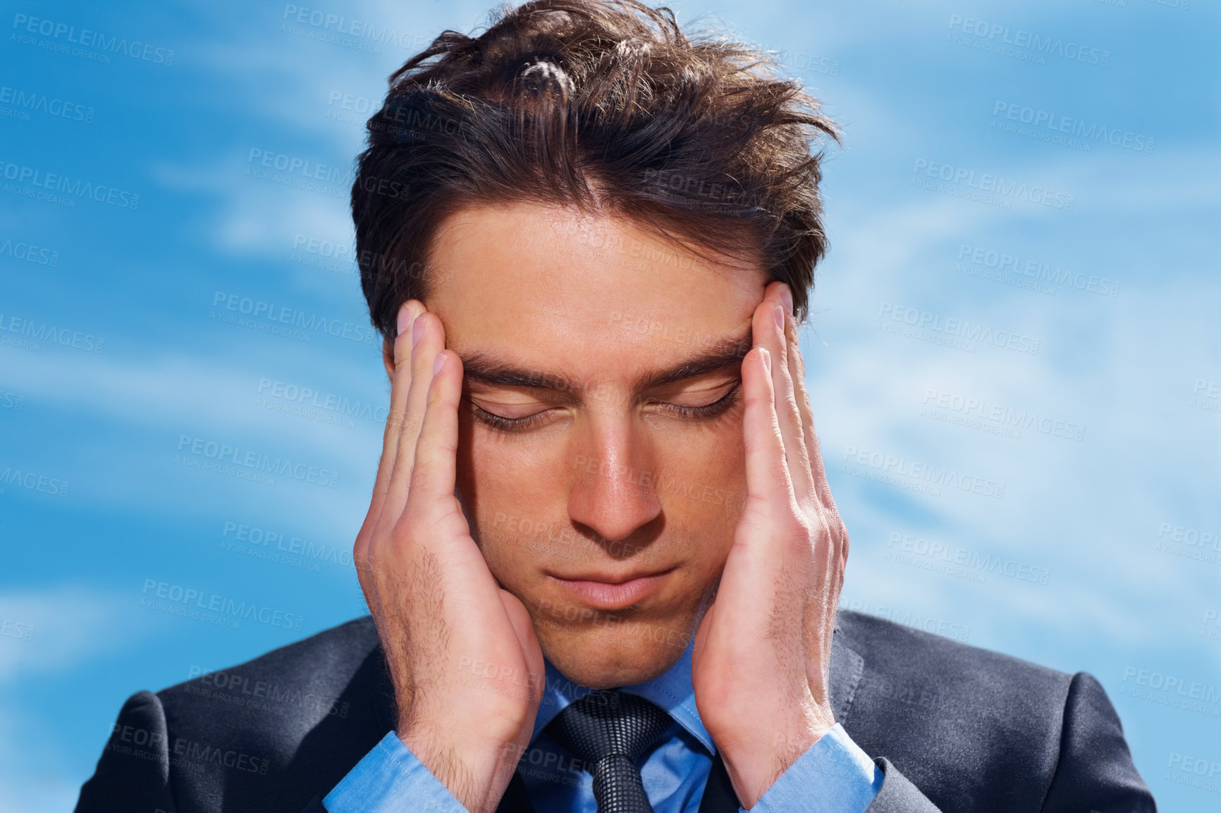 Buy stock photo Businessman, headache and stress or burnout, mental health and frustrated by debt and audit. Professional, male person and migraine or fatigue, anxiety and massage temple or brain fog and blue sky