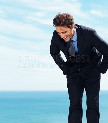 Buy stock photo Business man laughing at ocean holiday, vacation and summer travel on sky mockup space. Funny professional lawyer in suit at sea, happy and excited by water at beach outdoor for freedom in Cancun