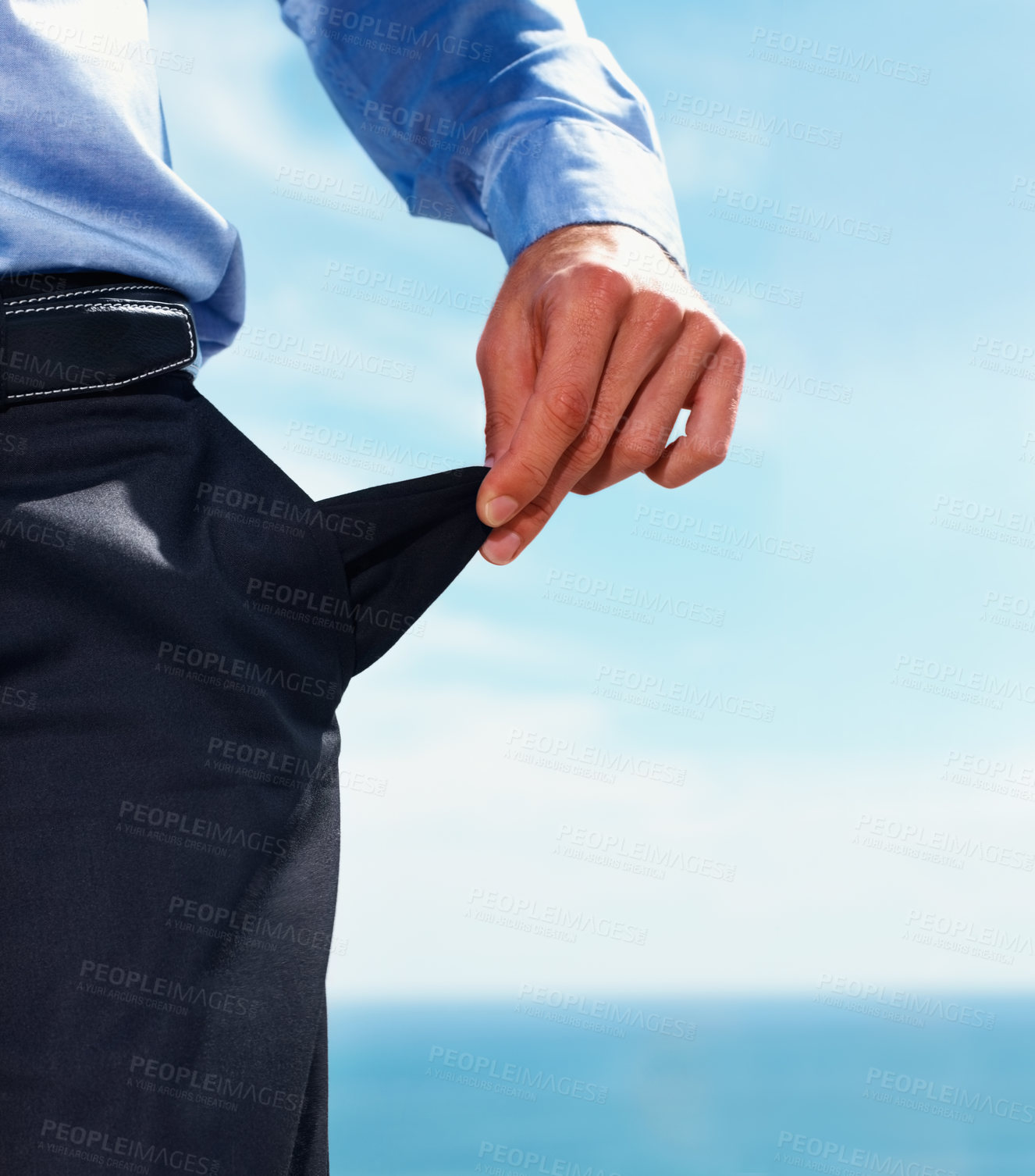 Buy stock photo Blue sky, empty pocket and business man for stock market crash, bankruptcy and financial debt. Poor, broke and closeup of person pants with no money gesture for finance crisis, economic fail and loss