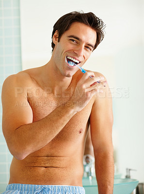 Buy stock photo Happy man, brushing and teeth for oral health in bathroom or personal care, toothpaste and dental hygiene. Portrait, smile and excited face for wellness, cleanliness and grooming in morning routine