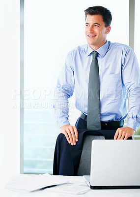 Buy stock photo Office, laptop and smile of businessman with thinking for legal career, feedback and brainstorming. Corporate, lawyer and desk with technology at law firm for solution plan, information and happiness