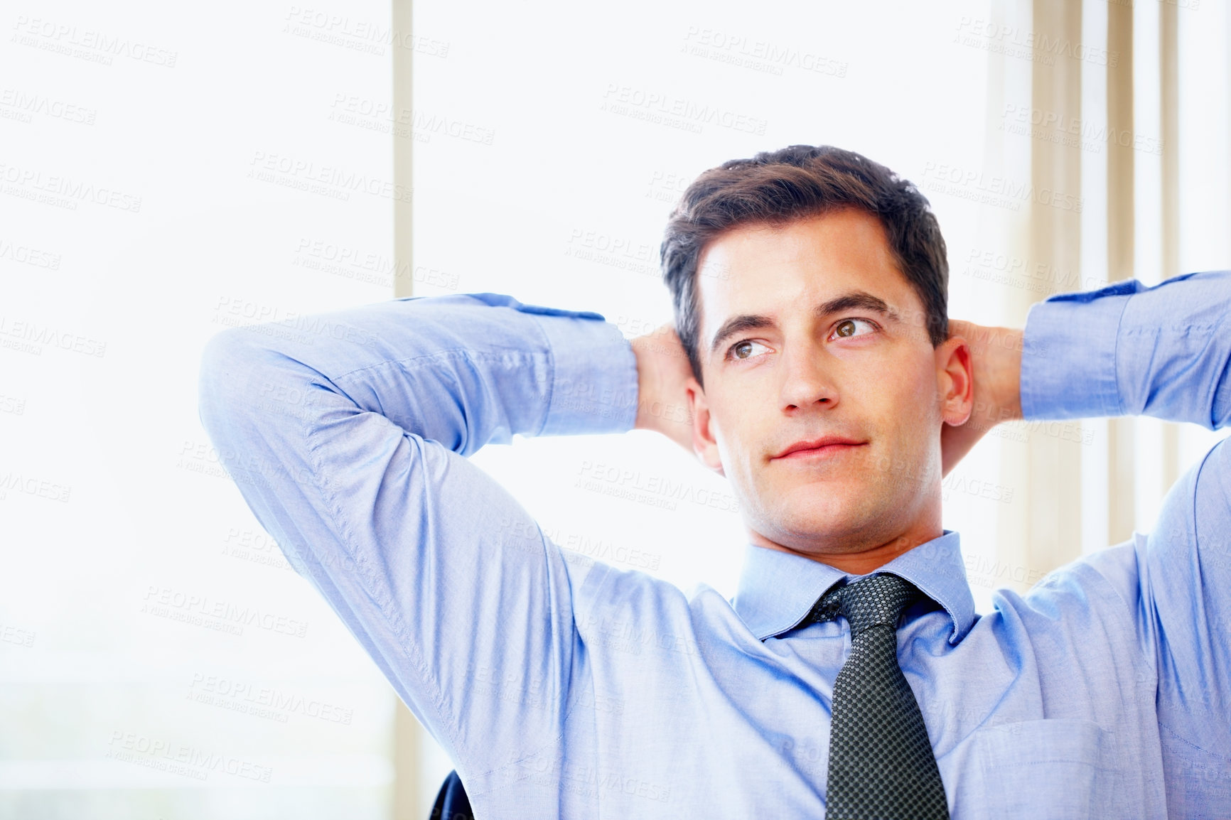 Buy stock photo Thinking, stretching and business man in office for break, comfortable or project productivity. Corporate, IP manager or employee in thought for trademark filing, copyright infringement or review