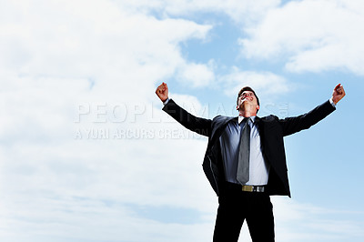 Buy stock photo Celebrate, sky and businessman with open arms for success, freedom and energy with clouds. Male leader, winner and outdoor for victory, growth and achievement in corporate company with happiness