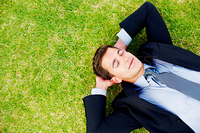 Buy stock photo Businessman, relax and grass top view or nature resting for employee on lunch break or tired sleeping, dreaming or meadow. Male person, calm and backyard lawn for stress relief, peace or entrepreneur