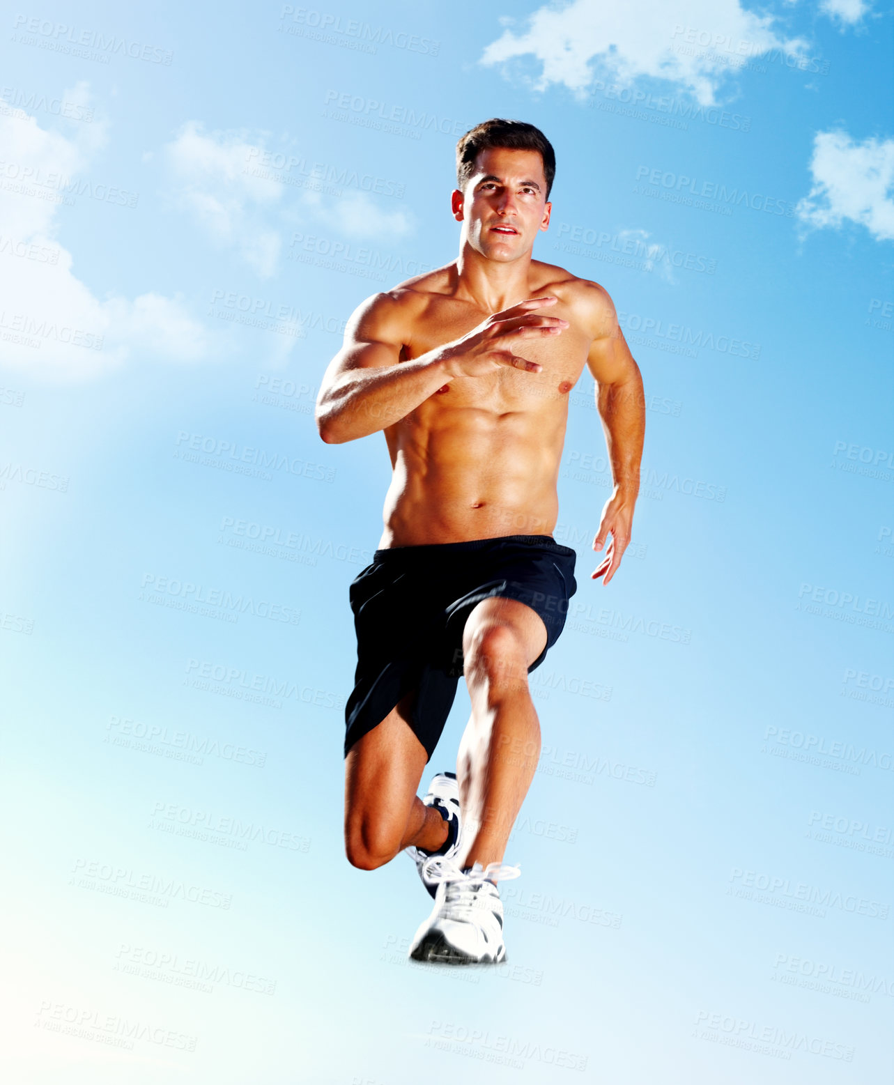 Buy stock photo Athletics, man jump and air with blue sky for competition, event challenge or training in outdoor. Sports, agility and body of male person with speed for fitness, morning workout or running power