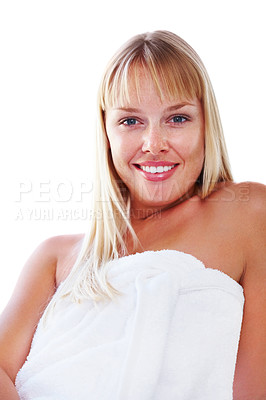 Buy stock photo Woman, portrait and shower in morning, towel and cleaning hygiene with beauty. Skincare, body wellness and dermatology with face, female model and white background for grooming and cosmetic care