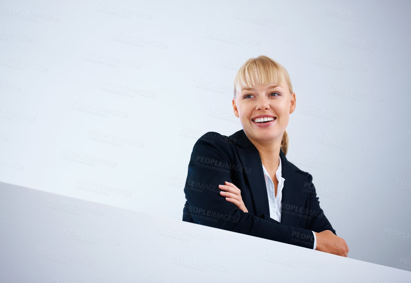 Buy stock photo Management, smile and thinking with a business woman on the balcony inside an office for planning. Corporate, vision and a happy young manager in the workplace for professional company growth