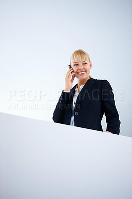 Buy stock photo Happy, business and phone call with woman, employee and mockup space with consultant, agent and communication. Person, worker and girl with smartphone, conversation and speaking with network and talk