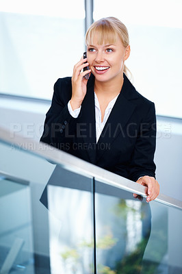 Buy stock photo Phone call, stairs and happy business woman consulting, networking and chat with mobile consultant. Smartphone conversation, staircase and indoor professional agent talking with investment contact