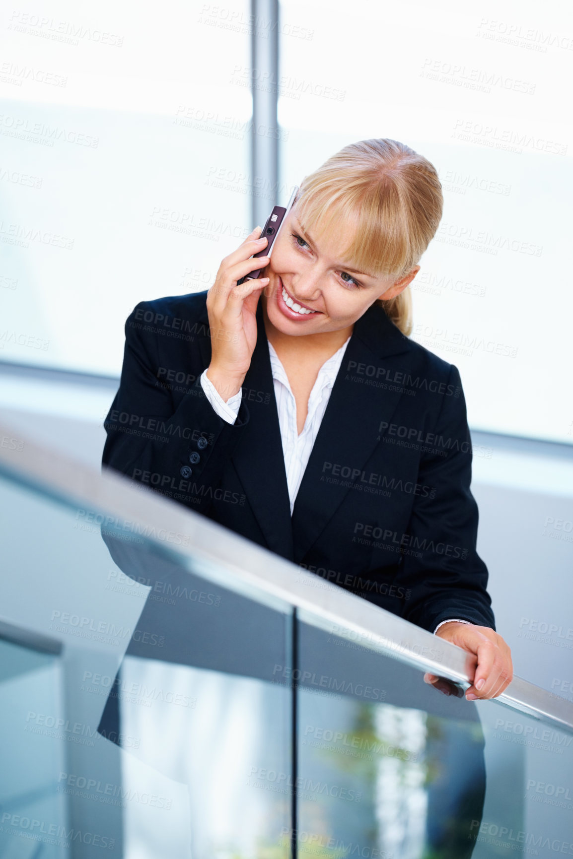 Buy stock photo Business cellphone call, stairs and happy woman consulting, networking or discussion with mobile user. Smartphone communication, staircase or indoor sales agent talking, speaking or chat with contact