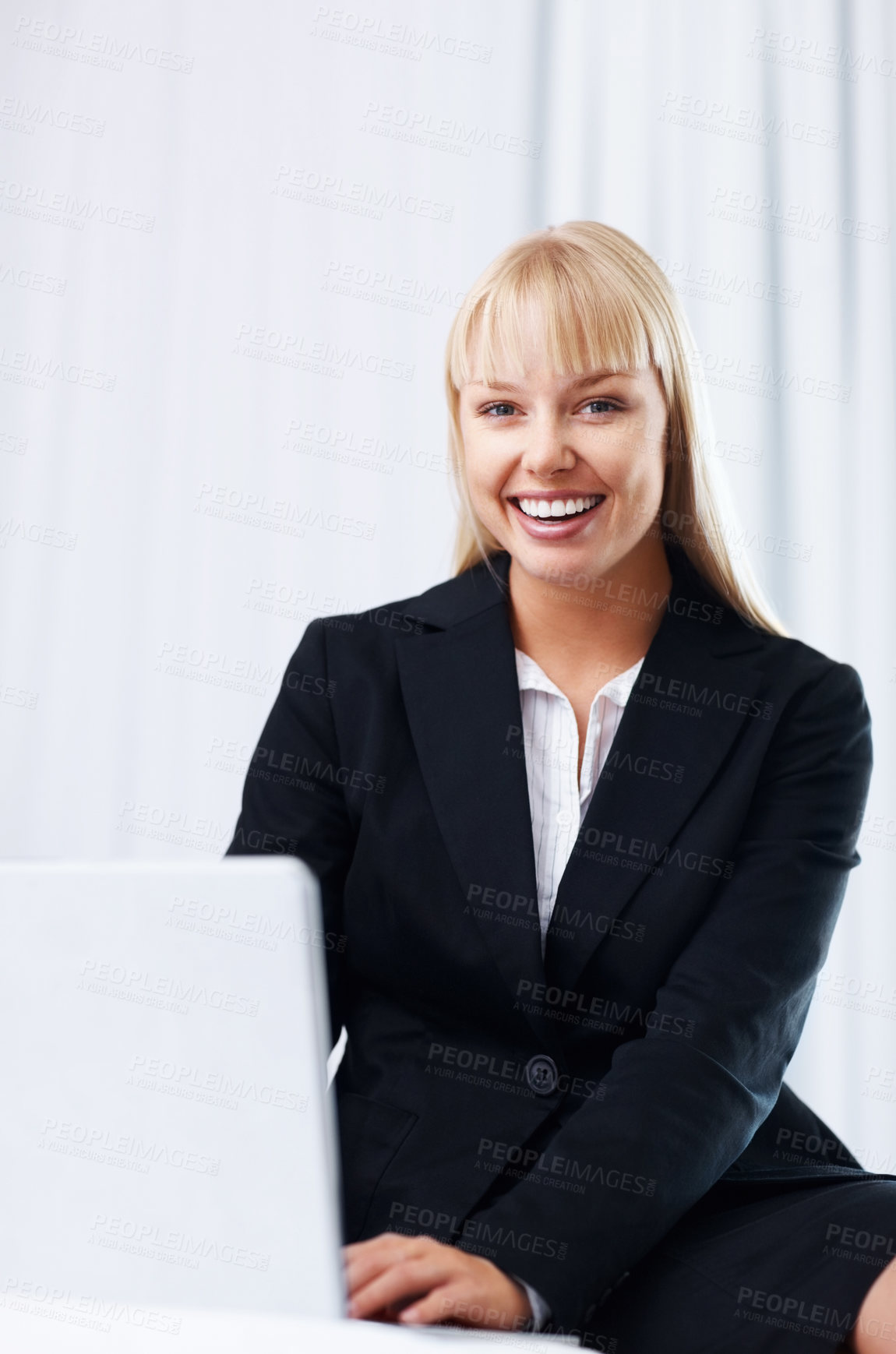 Buy stock photo Portrait, businesswoman and laugh with laptop for funny joke, social media post or meme on internet. Happy person, manager and smile for typing, message or information on technology for connectivity