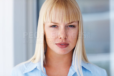 Buy stock photo Portrait, confidence and business woman in office, workplace and company career in Switzerland. Serious face, professional female agent or entrepreneur, worker or profile picture blonde employee