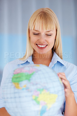 Buy stock photo Woman, earth and globe thinking for business professional growth, mindset thoughts or corporate company vision. Female person, smile and world map travel for startup goal for career, job for planning