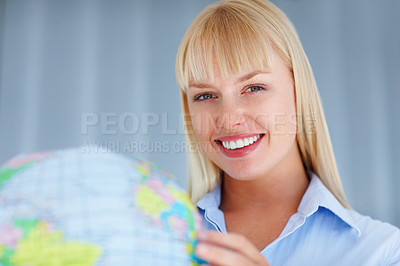 Buy stock photo Portrait, smile and business woman with planet, earth day and map for corporate travel. Happy face, professional and globe world, environment conservation or future protection, ecology or geography