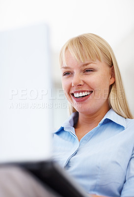 Buy stock photo Businesswoman, happy or confident with laptop, corporate career and technology with professional with remote work. Young person, smile and computer with online and company consultant for start up