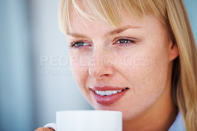 Buy stock photo Thinking, coffee and young woman at her home relax on weekend morning for calm mindset. Smile, mug and female person from Australia drinking cappuccino, latte or tea with positive attitude at house.