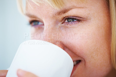Buy stock photo Smile, coffee and young woman at her home relaxing on a weekend morning for calm mindset. Happy, mug and female person from Australia drinking cappuccino, latte or tea with positive attitude at house