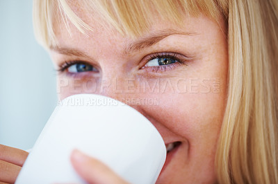 Buy stock photo Portrait, coffee and young woman at her home relax on a weekend morning for calm mindset. Happy, mug and female person from Australia drinking cappuccino, latte or tea with positive attitude at house