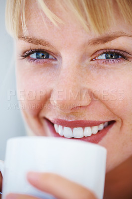 Buy stock photo Happy, coffee and closeup portrait of woman at home relax on a weekend morning for calm mindset. Smile, mug and person from Australia drink cappuccino, latte or tea with positive attitude at house.