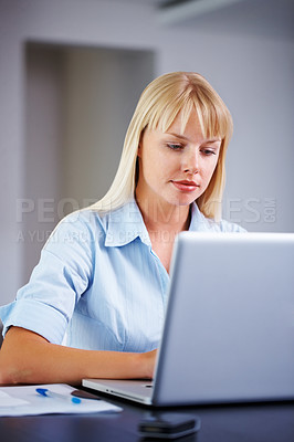 Buy stock photo Thinking, typing and woman in home office with laptop, market research or online website review. Businesswoman at desk writing article, email report or business schedule with career in remote work.