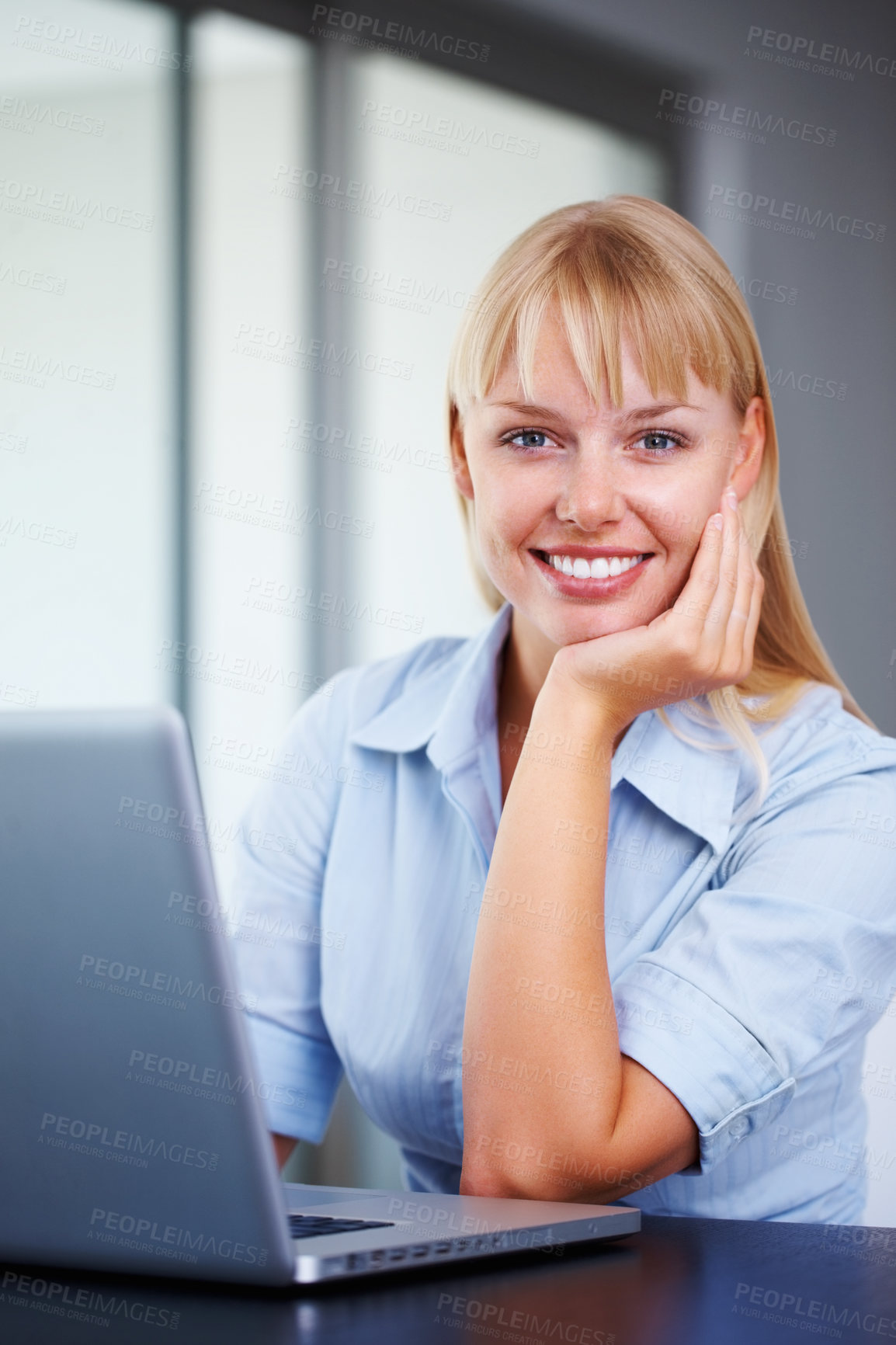 Buy stock photo Portrait, smile and woman in office with laptop, market research or online website review. Happy businesswoman at desk writing article, email report or business schedule with career in administration