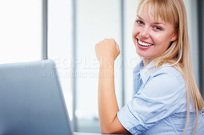 Buy stock photo Portrait, consultant and happy woman in office with laptop, market research or online website review. Businesswoman at desk with smile, professional career and administration job at startup agency.