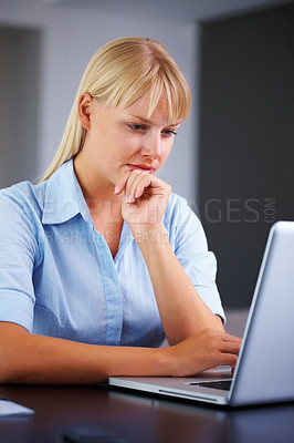 Buy stock photo Laptop, thinking and business woman in office for working online, reading website and planning. Corporate, workplace and worker on computer brainstorming ideas for project, networking and research