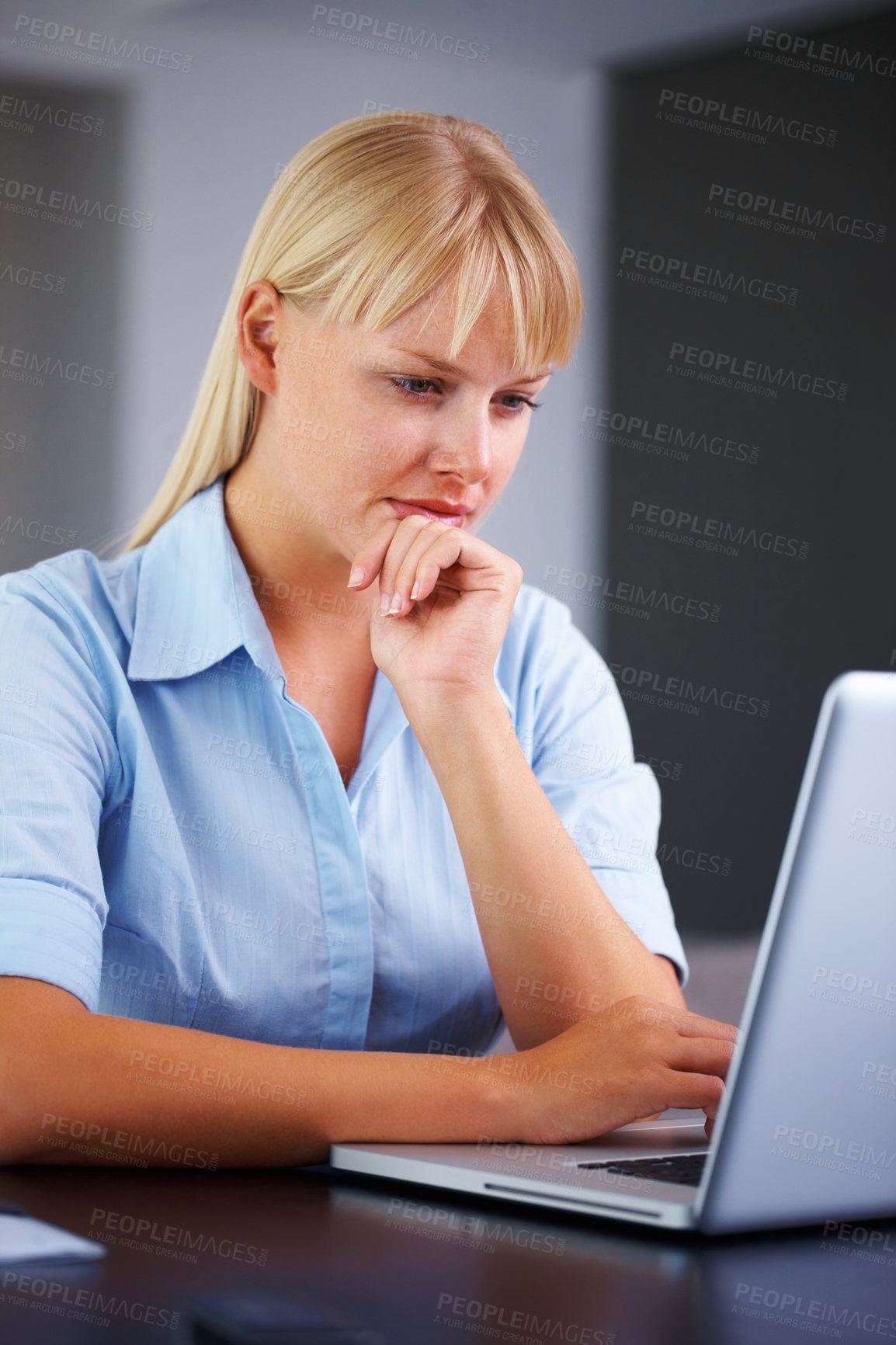 Buy stock photo Laptop, thinking and business woman in office for working online, reading website and planning. Corporate, workplace and worker on computer brainstorming ideas for project, networking and research