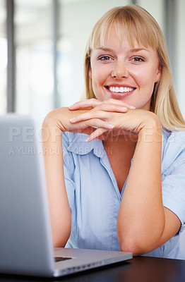 Buy stock photo Portrait, smile and business woman on laptop at office desk in corporate company. Face, computer and happy entrepreneur at table, confident consultant or professional employee working in Switzerland