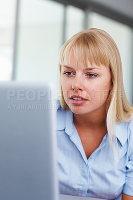 Buy stock photo Laptop, reading and business woman in office online working on project, website review and research. Corporate, technology and employee focus on computer for typing email, networking and planning