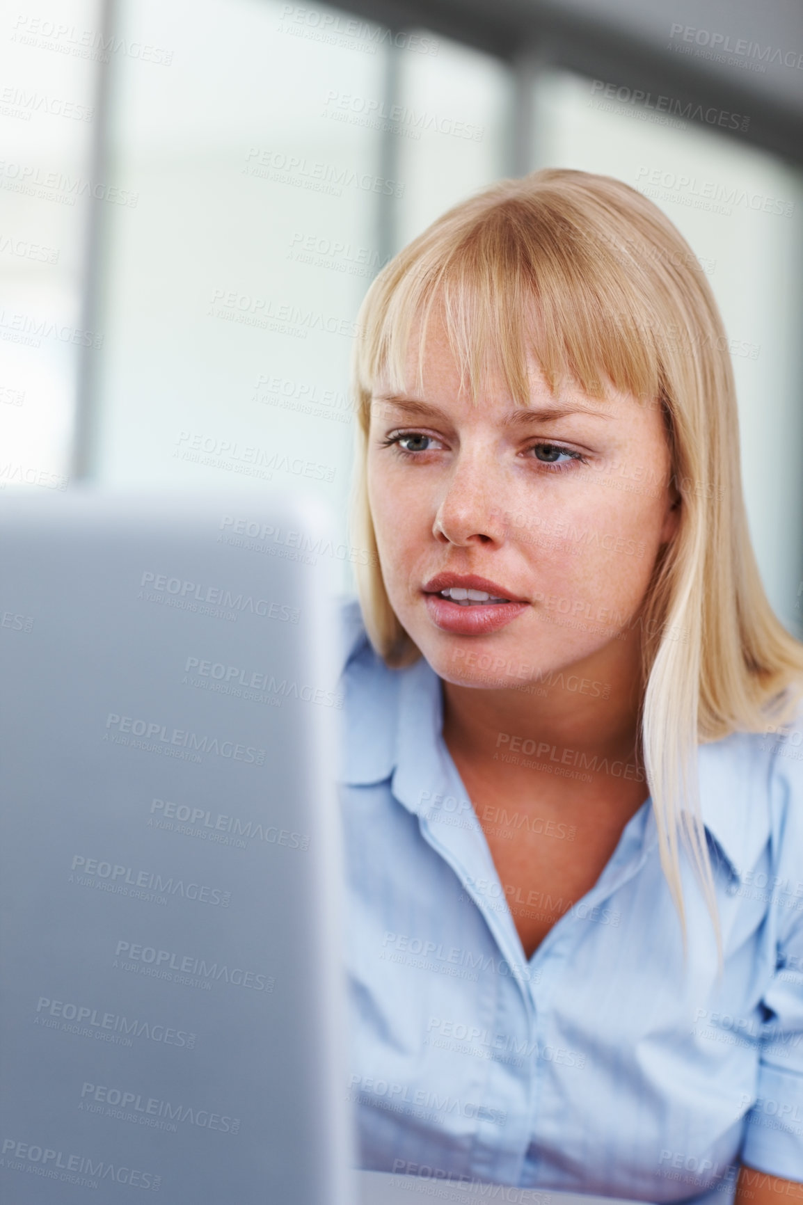 Buy stock photo Laptop, reading and business woman in office online working on project, website review and research. Corporate, technology and employee focus on computer for typing email, networking and planning