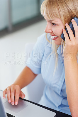 Buy stock photo Phone call, business and woman with laptop, office and connection with communication, network and internet. Person, employee and entrepreneur with a pc, smartphone and digital app with website info