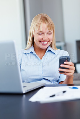 Buy stock photo Business, woman and phone with typing or happy for text message, networking or internet chat in office. Entrepreneur, person and smartphone or smile with texting, communication and email at workplace