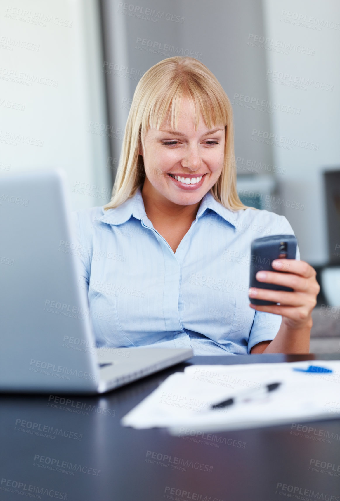 Buy stock photo Business, woman and phone with typing or happy for text message, networking or internet chat in office. Entrepreneur, person and smartphone or smile with texting, communication and email at workplace