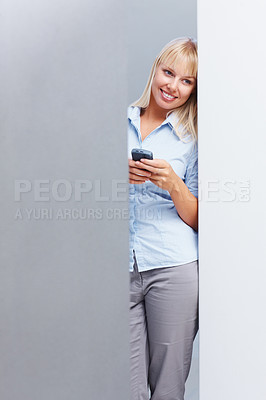 Buy stock photo Businesswoman, thinking and smartphone in studio for corporate career with technology in mockup. Young person, idea and cellphone as professional consultant with online website with gray background