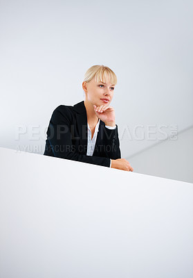 Buy stock photo Management, vision and idea with a business woman on the balcony inside an office for planning. Corporate, thinking and a confident young manager in the workplace for professional company growth