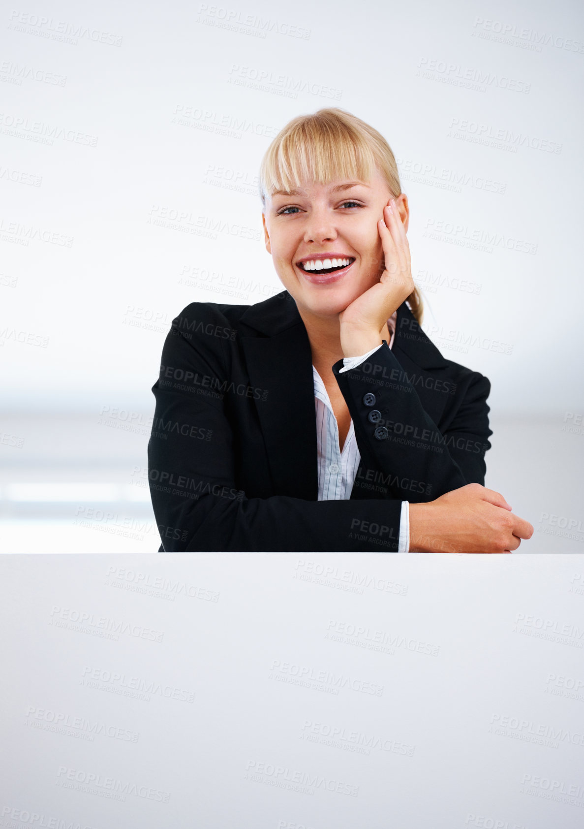 Buy stock photo Portrait, business woman and leaning on poster in office, mockup space and announcement. Happy face, banner and professional advertising on billboard, marketing presentation and laughing at promotion