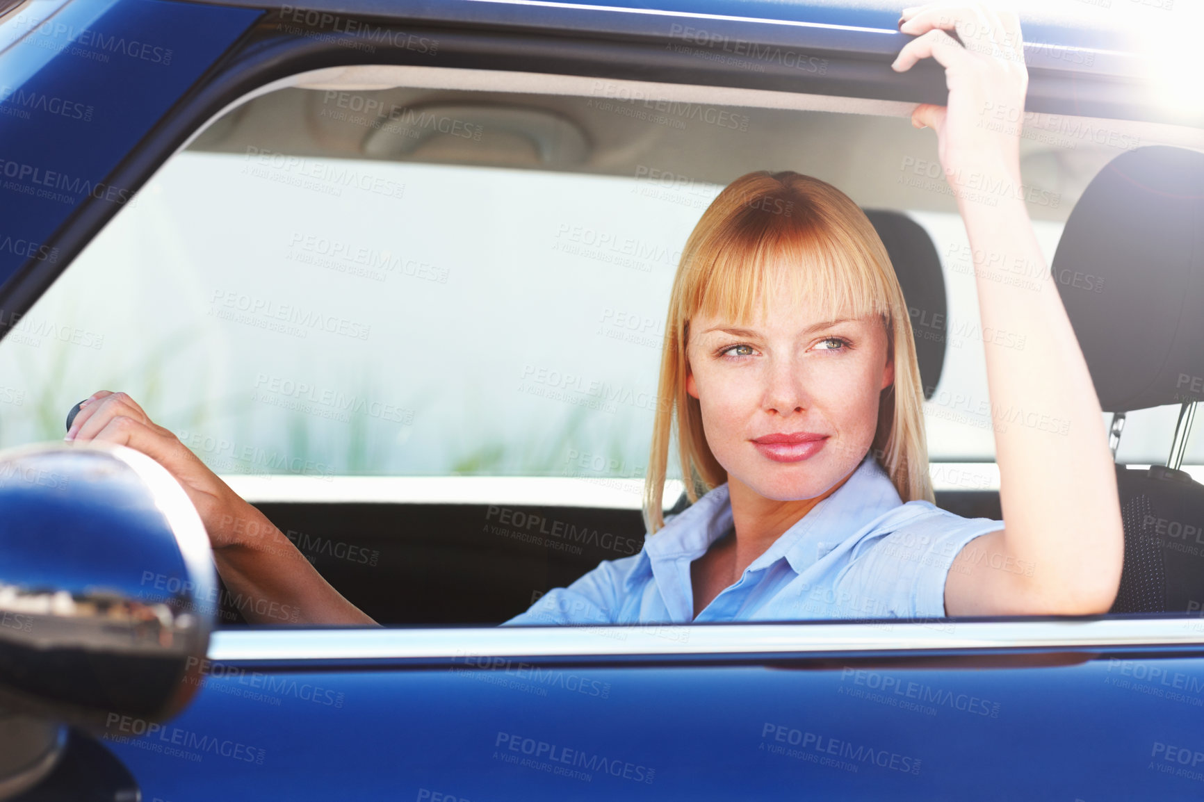 Buy stock photo Woman, car and vacation or travel with thinking, road trip or holiday for wellness. Female driver, transport and mindset in auto for break with idea, stop for contemplation with hand in Costa Rica