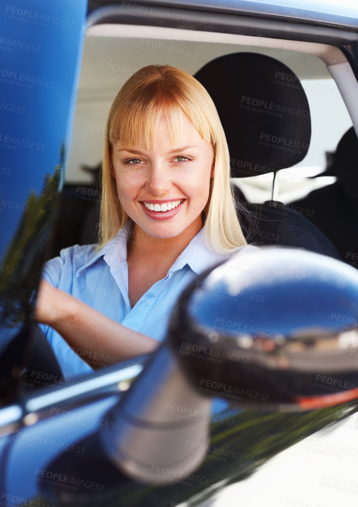 Buy stock photo Portrait, happy woman and driving car for road trip with journey, solo holiday or licence test for parking. Female driver, auto transport and smile by window for weekend travel adventure and vacation