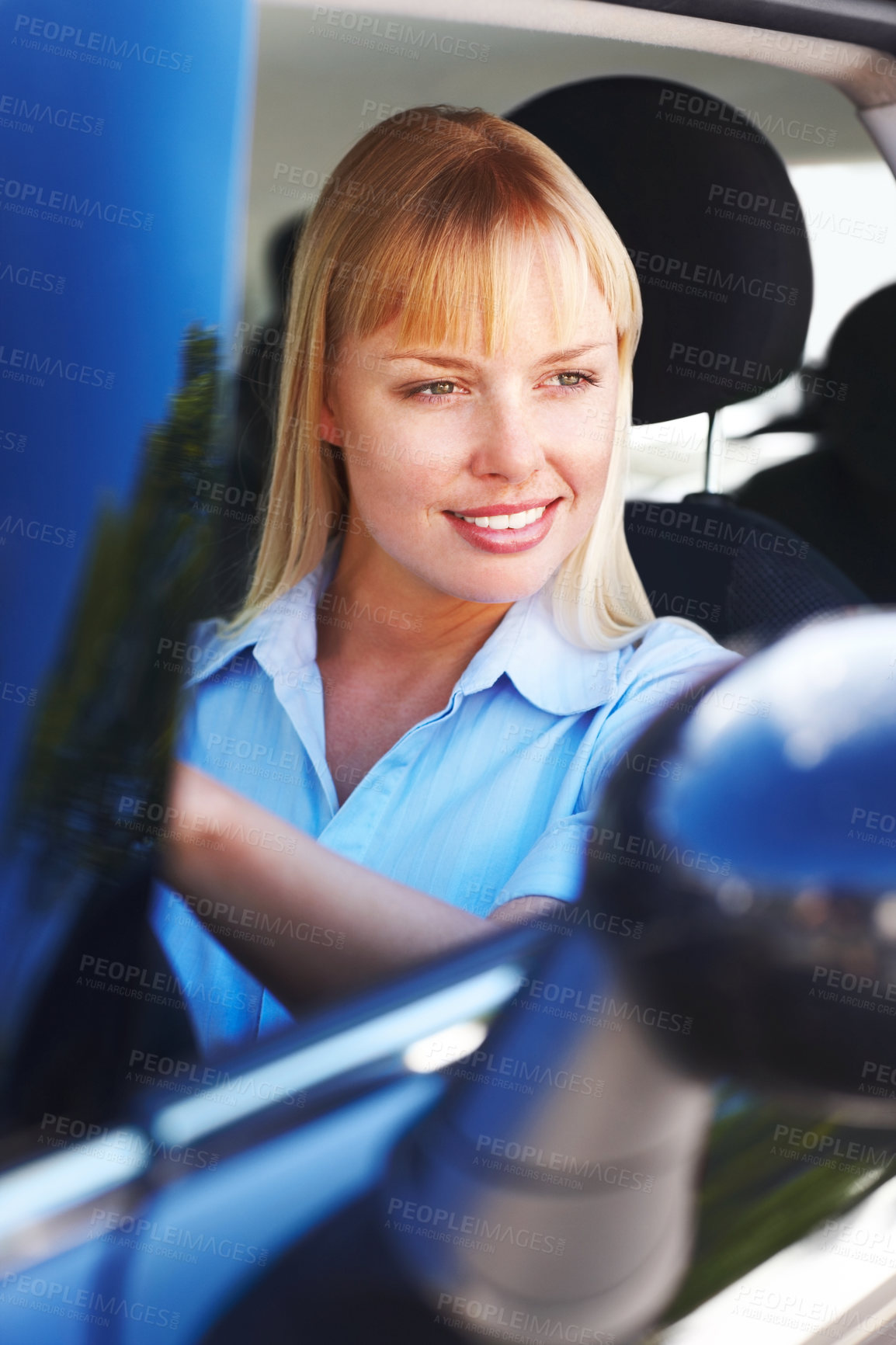 Buy stock photo Thinking, happy woman and driving car for road trip with journey, holiday ideas or parking test for licence. Female driver, auto transport and thoughts for travel adventure and vacation inspiration