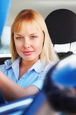 Buy stock photo Portrait, woman and driving car for journey with road trip, solo holiday or ready for licence test. Face, auto transport and female person by window with weekend drive and vacation travel adventure