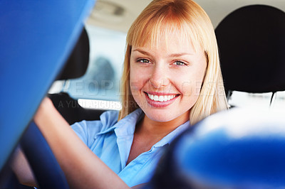 Buy stock photo Portrait, woman and driving in car with excited for license exam, vacation travel or journey for solo holiday. Girl driver, auto transport and happy for vehicle purchase and new motor with test drive