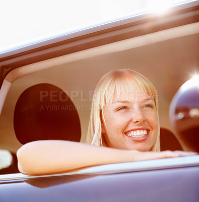 Buy stock photo Window, woman and happy on car for travel or tour in summer, road trip and relax with adventure. Female person, vehicle and smile or excited on journey for holiday or vacation and destination