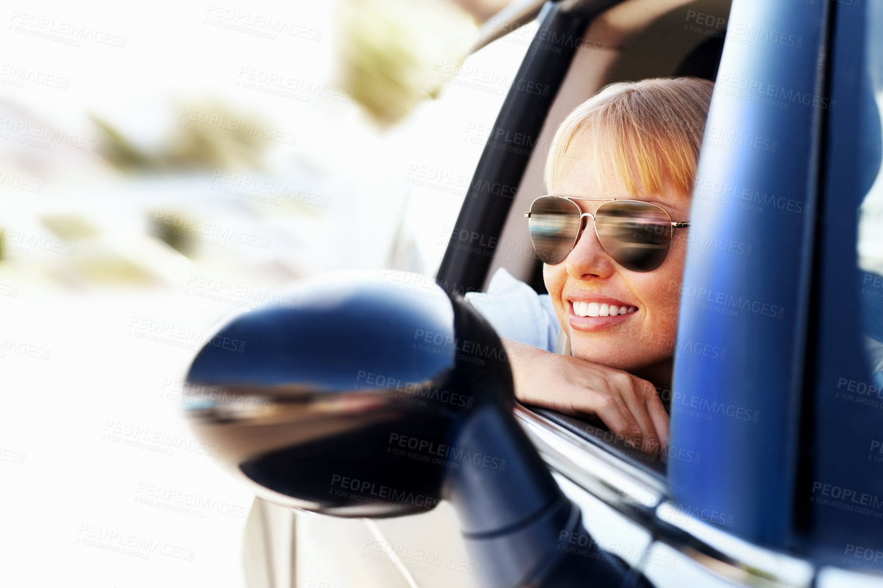 Buy stock photo Window, woman and smile on car for travel or tour in summer, road trip and relax for adventure. Female person, vehicle and happy or excited in sunglasses in journey on holiday or vacation destination