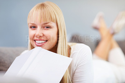 Buy stock photo Portrait, happy and woman with book for reading, relax and smile with fantasy and novel in apartment. Female person, and gen z with literature, student and knowledge with academic scholarship 