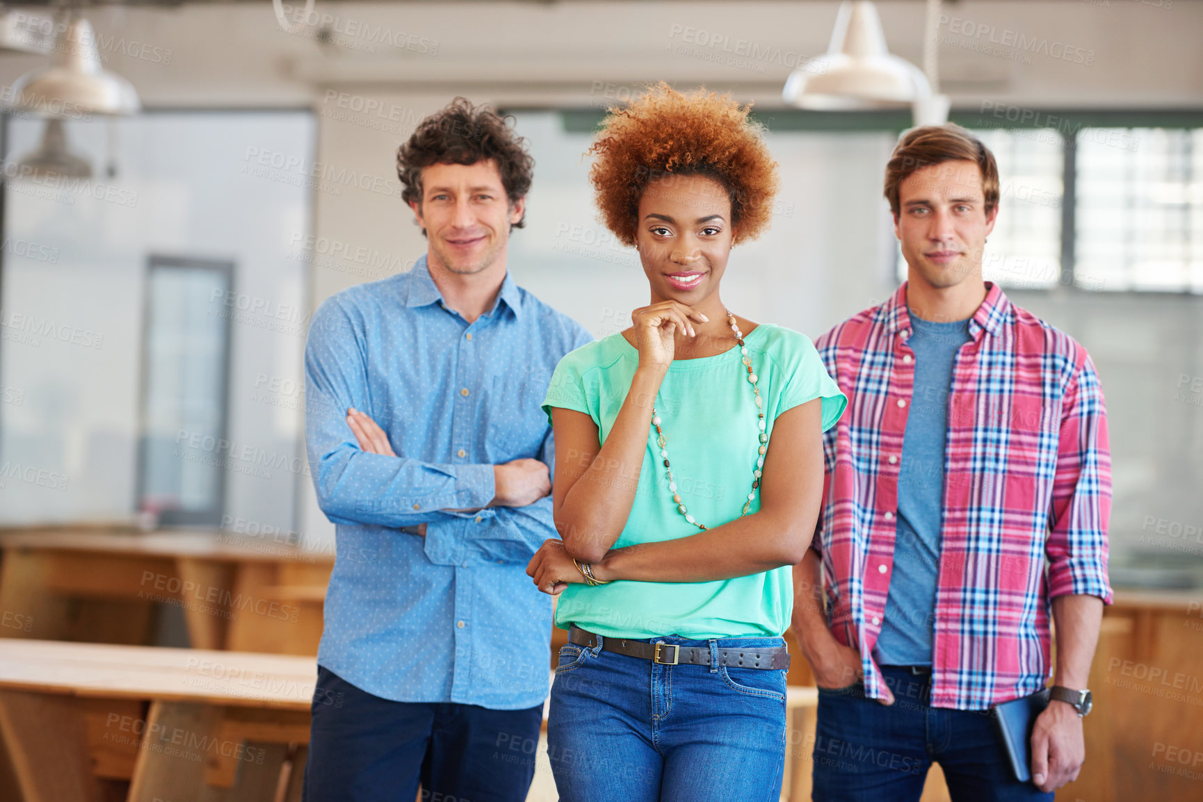 Buy stock photo Cropped portrait of three businesspeople standing in the office