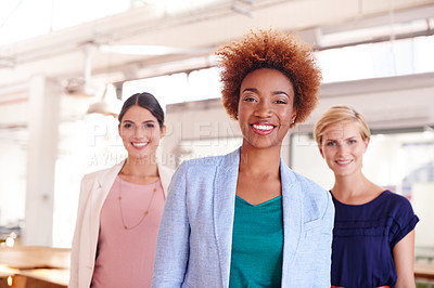 Buy stock photo Portrait of three female coworkers standing in an office